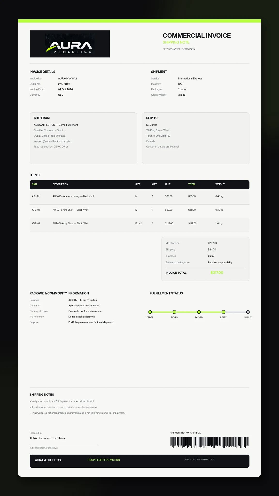 AURA Athletics — Shipping Invoice