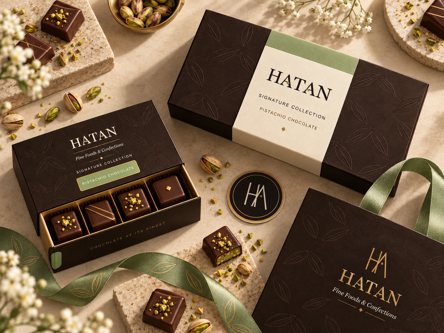 HATAN premium food brand flat lay with packaging and identity applications