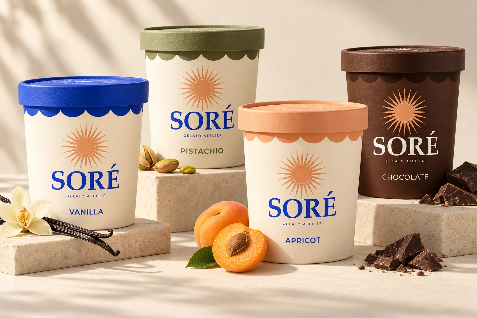 SORÉ gelato packaging in cobalt, ivory and apricot