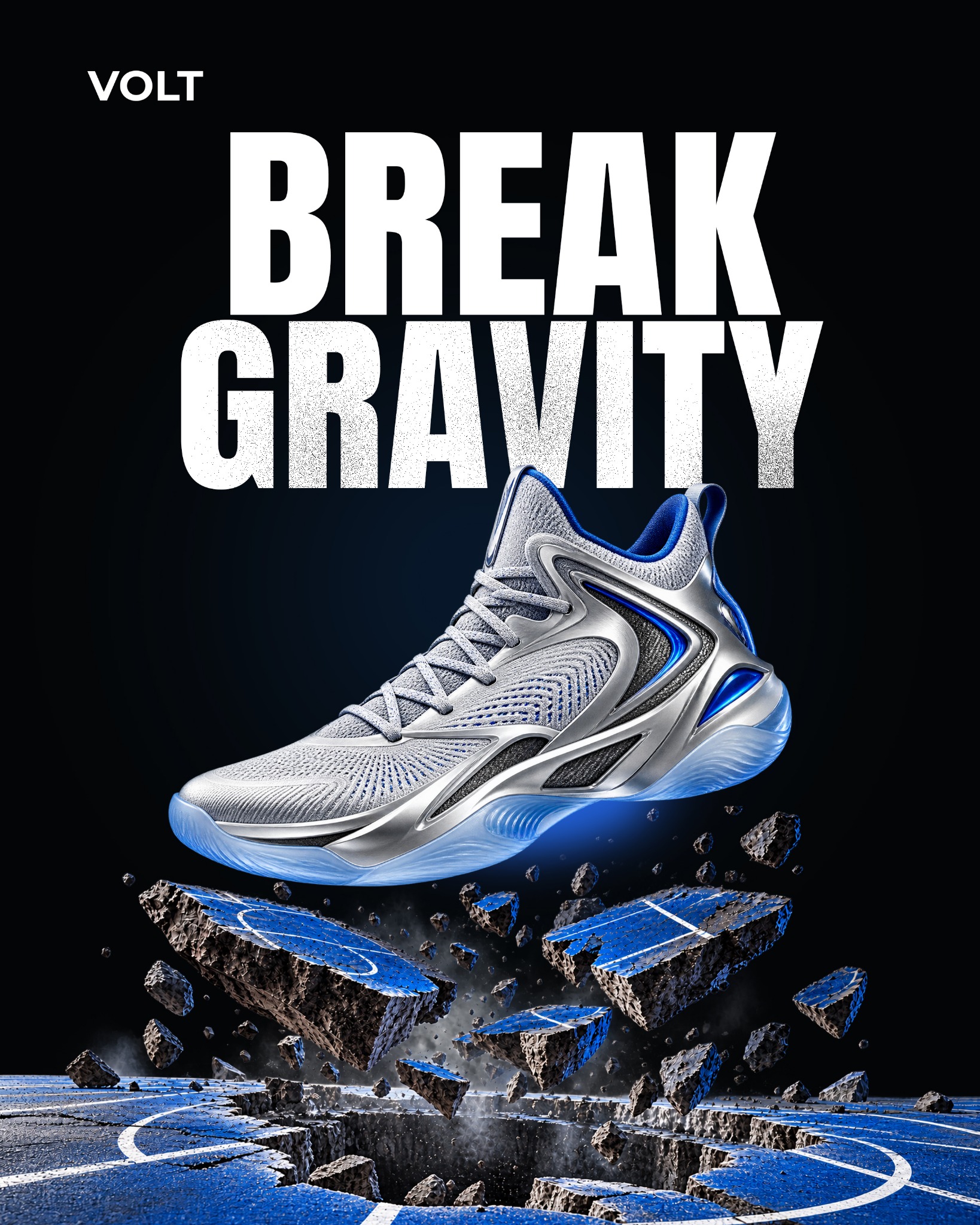 VOLT Break Gravity final campaign: silver and blue sneaker touching the headline above a shattered basketball court